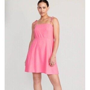 Old Navy Fit & Flare Tie Shoulder Mini Cami Linen Blend Dress Pink Size XL NWT